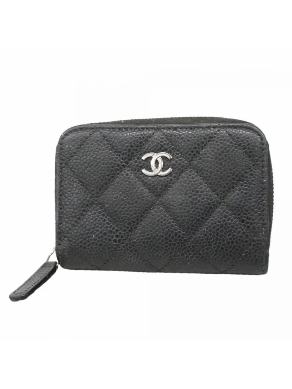 Chanel Coin Case Quilted Caviar Leather Black Silver